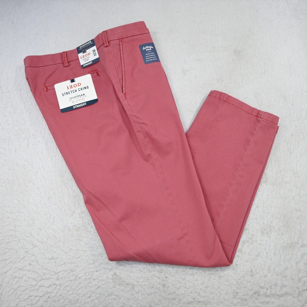 IZOD Stretch Chino Men 38x32 NEW Straight Saltwater Red SportFlex Waistband